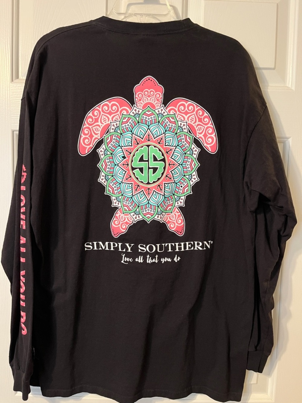 Simply Southern Black Long Sleeve Tee with Pink & Teal Turtle Mandala